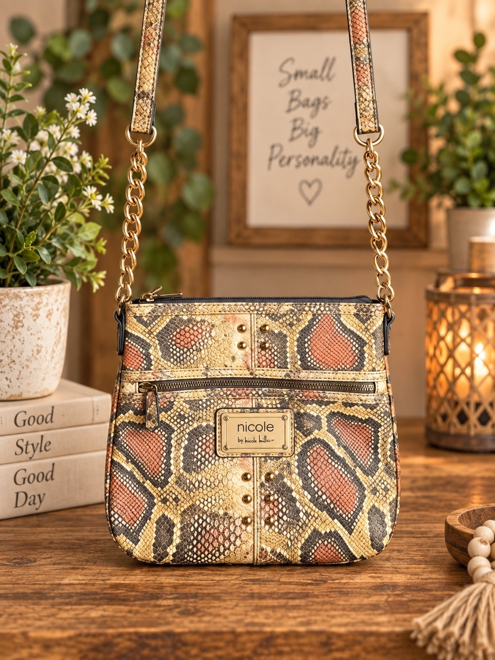 Nicole by Nicole Miller Faux Snakeskin Crossbody in Brown, Gold & Black